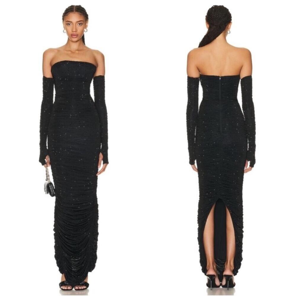 ALEX PERRY Hyland Crystal Embellished Strapless Ruched Black Maxi Dress Size 2